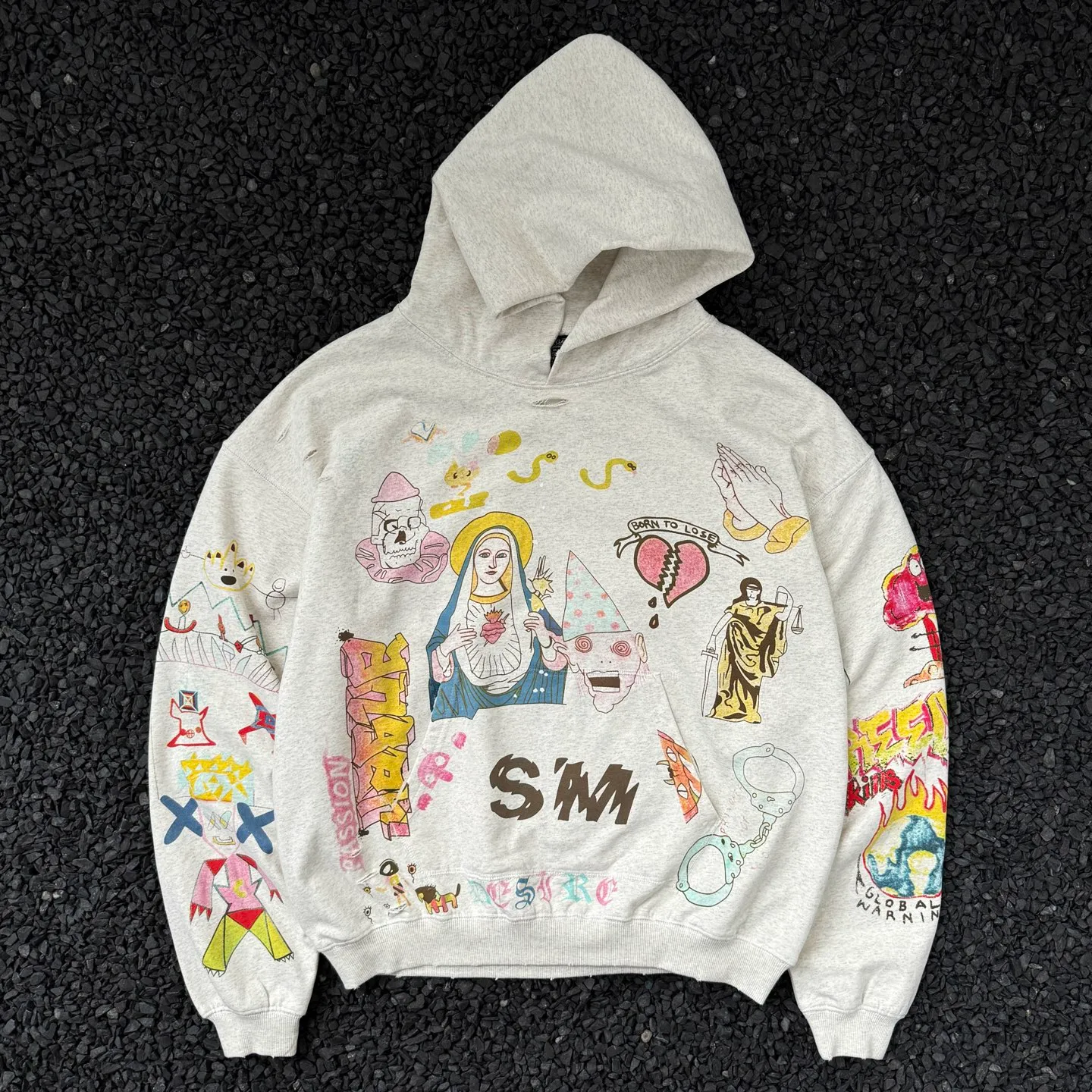 P268 # CHE-15 Saint Michael cho hand-painted graffiti Simpson Virgin printed all over the body American retro hooded sweatshirt washed and aged hand-damaged craftsmanship three-dimensional tailoring splicing complex stitching craftsmanship Size: S M L XL